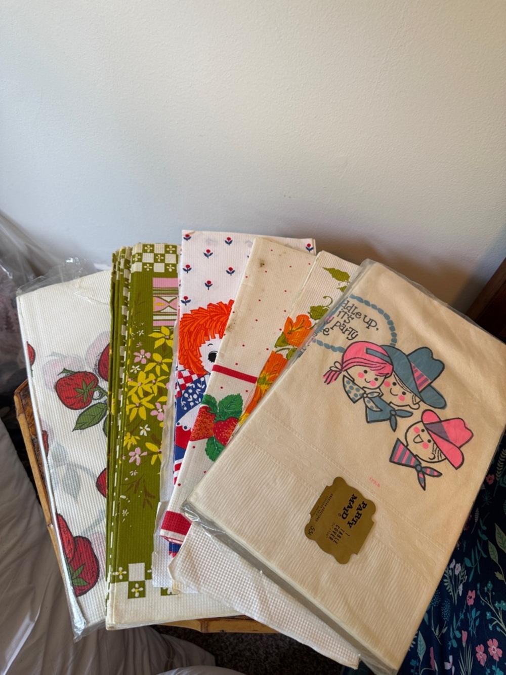 6 Vintage Printed Paper Tablecloths, Floral, Strawberry, Cowboy, Raggedy Ann